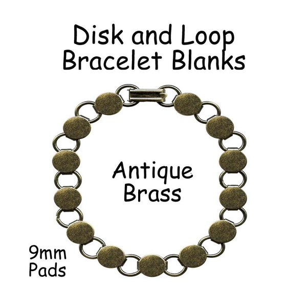 Antique Brass Disk / Loop Chain Bracelet Blank with 9mm Glueable Pads