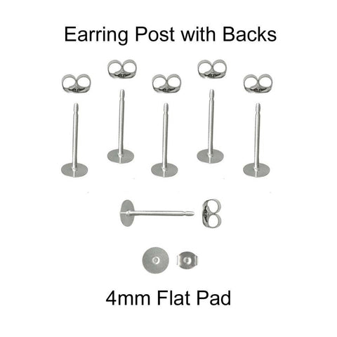 4mm Silver Earring Posts with Butterfly Backs - Hypoallergenic Surgical 316L Stainless Steel