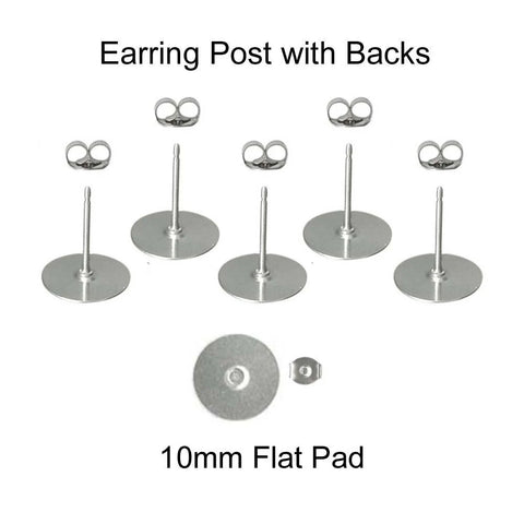 10 mm Silver Earring Posts with Butterfly Backs - Hypoallergenic Surgical 316L Stainless Steel