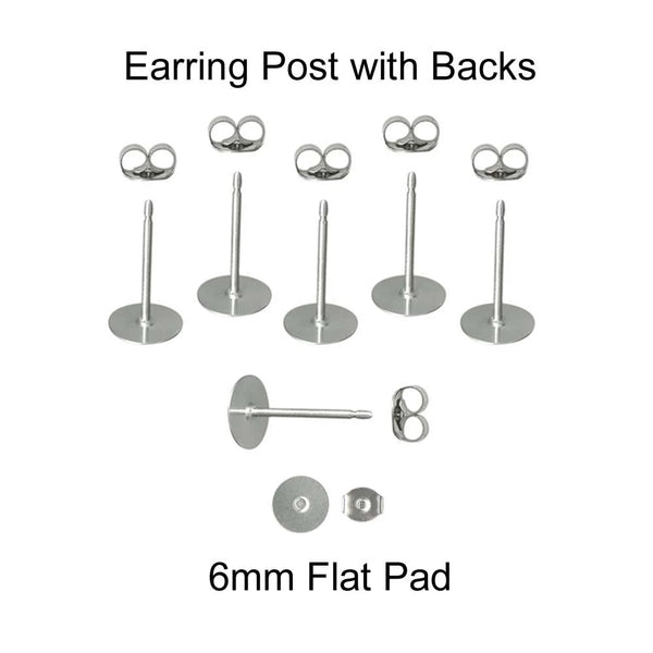 6 mm Silver Earring Posts with Butterfly Backs - Hypoallergenic Surgical 316L Stainless Steel