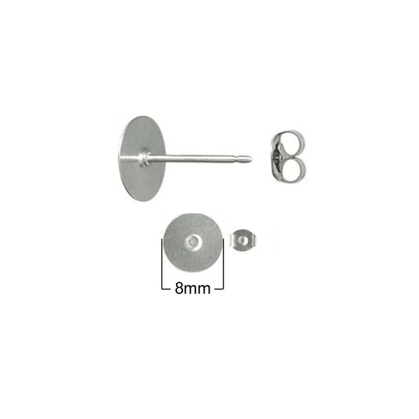 8 mm Silver Earring Posts with Butterfly Backs - Hypoallergenic Surgical 316L Stainless Steel