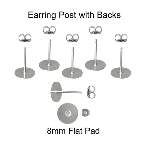 8 mm Silver Earring Posts with Butterfly Backs - Hypoallergenic Surgical 316L Stainless Steel