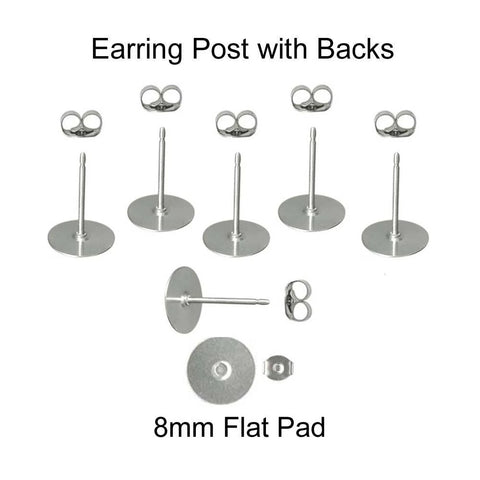 8 mm Silver Earring Posts with Butterfly Backs - Hypoallergenic Surgical 316L Stainless Steel